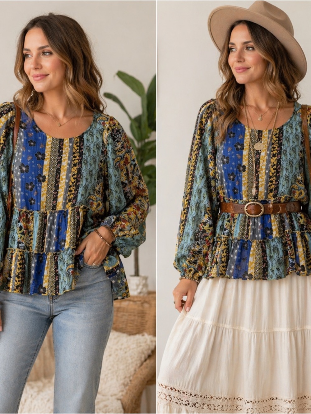 Boho Patchwork Peasant Blouse in Blue Multi